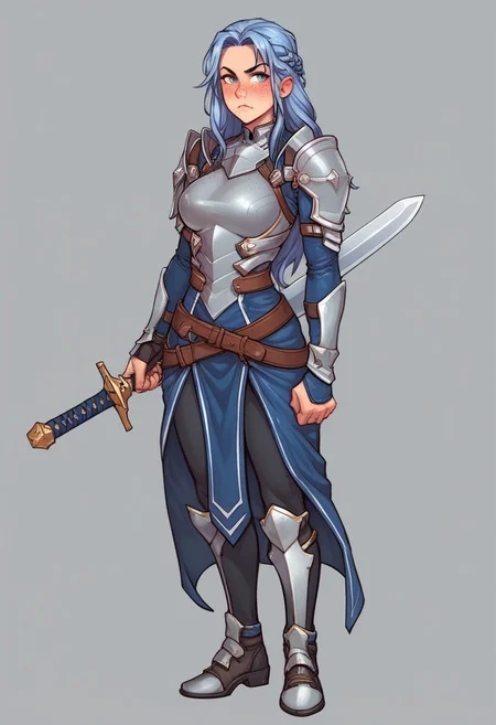 beauty female, mesmerizing, cute-faced, Dimpled, light blue Almond-shaped eyes , Gray/Silver plate armor, blue Long Hair Styles Layers, Fair, Sloppy, Disheveled, Pout, Blush, Determined, Fidgeting, Freckles, futuristic skin tight leather armor,
((full-clothed)), ((long big sword in hands, sword in hands))
BREAK
jungle background score_9, score_8_up, score_7_up, score_6_up, source_cartoon, rating_explicit, Expressiveh, (((((full body))))), dynamic pose