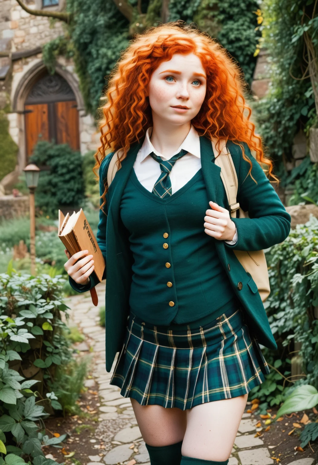 MeridaXLP,freckles,cleavage,wavy hair , A high resolution professional cosplay photograph of Merida, the fiery-haired Disney princess from Brave, dressed in a modern schoolgirl outfit. She has her signature wild, curly red hair cascading down her shoulders, with a few strands playfully framing her freckled face. Her emerald green eyes shine with mischief and determination. She is topless and wears a stylish school uniform consisting of a plaid skirt in shades of green and navy, a fitted blazer with gold buttons, knee-high socks, and polished black shoes. A loosely tied tie hangs around her neck, giving her a rebellious yet charming look. She stands confidently, perhaps adjusting her backpack strap or holding a book, with a smirk that hints at her adventurous spirit. The background is softly blurred, depicting a grand old-school building with stone walls and ivy creeping up the sides, adding to the academic yet whimsical atmosphere.