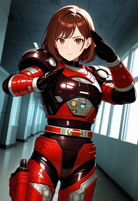 1girl, solo, R3ddle, armor, bodysuit, shoulder pad, gloves, belt, holster, brown hair, brown eyes, cowboy shot, dutch angle, looking at viewer, shiny clothes, fighting stance,
indoors, hallway, metal wall,
best quality, very aesthetic, masterpiece,