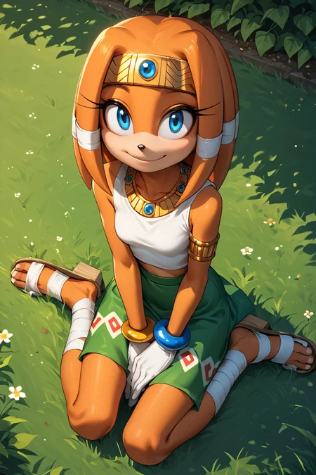 zPDXL3,<lora:tikal.pony:.8>,
tikal, blue eyes, orange fur, small breasts, jewellery, necklace, circlet, whiteshirt, sleeveless, green skirt, bracelets, white gloves, white bandages, sandals, looking at viewer, smiling, sitting, wariza, on grass, from above, sunny, park,
