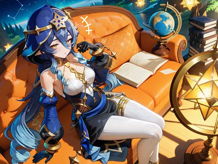 best quality,amazing quality,cinematic,very aesthetic,absurdres,newest,huge filesize,highres,sensitive,
<lora:SQ2-000048:1>,3D,SQ2,
1girl,layla \(genshin impact\),genshin impact,arm support,armillary sphere,bags under eyes,blue hair,blue hood,book,book stack,breasts,bright pupils,cancer \(constellation\),cassiopeia \(constellation\),constellation,cushion,detached sleeves,drill hair,fringe trim,globe,gold choker,hair between eyes,paper,parted lips,sagittarius \(constellation\),small stellated dodecahedron,solo,star \(sky\),star \(symbol\),star print,twin drills,white pupils,yellow eyes,hand up,medium breasts,white pantyhose,on couch,drill sidelocks,looking at viewer,hood,pointy ears,sitting,hood up,sidelocks,very long hair,indoors,black leggings,blue sleeves,dress,gold trim,bare shoulders,long hair,pantyhose,blue dress,capelet,black gloves,couch,
tree,starry_sky,forest,tree,light leaks,(best shadow:1.2),cinematic lighting,ray tracing,+++,macro_shot,from_above,