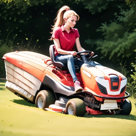 score_9, score_8_up, score_7_up, rilamo (side view) , (slim 25yo female) riding a lawn mower. red short dress, sneakers , long blonde ponytail <lora:RideLawnMowerPony:1>