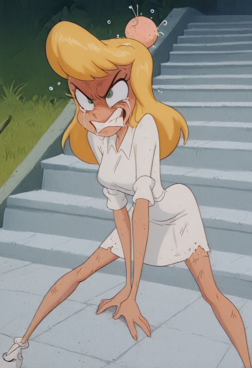 (((She crawls on all fours across the golf field, groveling and smiling crookedly))).((((head bump)))))).(((over-exciting)))). (((She's extremely humiliating)))).((((She's smirking))).((((((She's smiling with pain))))))).(((((face bump))))).(((((teeth bump))))).((((((kick between her legs))))))).She's been beaten with golf clubs all day.  (((All her face is spitted))). (((She's screaming out loud))).((((((She's falling from stairs)))). Face is dirty and beaten. Hair in mess. ((((She's extremely drunk))).Clothes are dirty. She's poor. She's very offending. Her hair is hanging in wisps. Her face is bruised and bruised. Teeth knocked out. Her face and clothes are covered in spit and boot marks.(((Her dress is dirty))).  (((((She is angry and exhausted))))). Everything is she wants is revenge. Everyone hates her. She is poor and sick. (((amazing quality))), absurdres,,((((1girl)))),(((alone)))), (((hellonurse))),,(((angry))), (((exhausted:1.5)))),((((((masterpiece))))),,((((extremely beautiful image)))),(((beautiful light))),((((best detailing)))),(((disgusting))),(((offended))),((((extremely heartbroken)))), blonde hair, teal eyes, (((1girl))), alone, big breasts,((((slim body)))))nurse outfit, Heloise Nerz, hellonurse, dirty, detailed body, detailed face, highly detailed body, highly detailed face, dynamic pose, posing, ((((((angsty))))), (((((furious)))))), (((((submissive)))))), 1girl, , , crazy emotion, narrow waist.