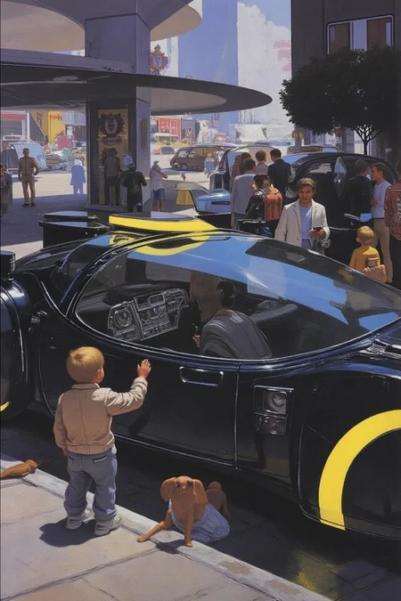 sydme1 painting in a futuristic, sci-fi style, depicting a sleek, high-tech vehicle parked a city street. The vehicle, a futuristic hovercrafts, is enclosed in a bubble-like canopy with a curved, aerodynamic design. It's primarily black with bright yellow accents, including a distinctive yellow stripe on the canopy and on the vehicle's body. The cockpit interior is visible, showcasing a futuristic dashboard with numerous buttons and screens, giving it an advanced, high-tech appearance. There are people walking around the car, some stopping to admire it. <lora:sydme6_cap_d6a3:1.0><lora:810973109478818273:0>