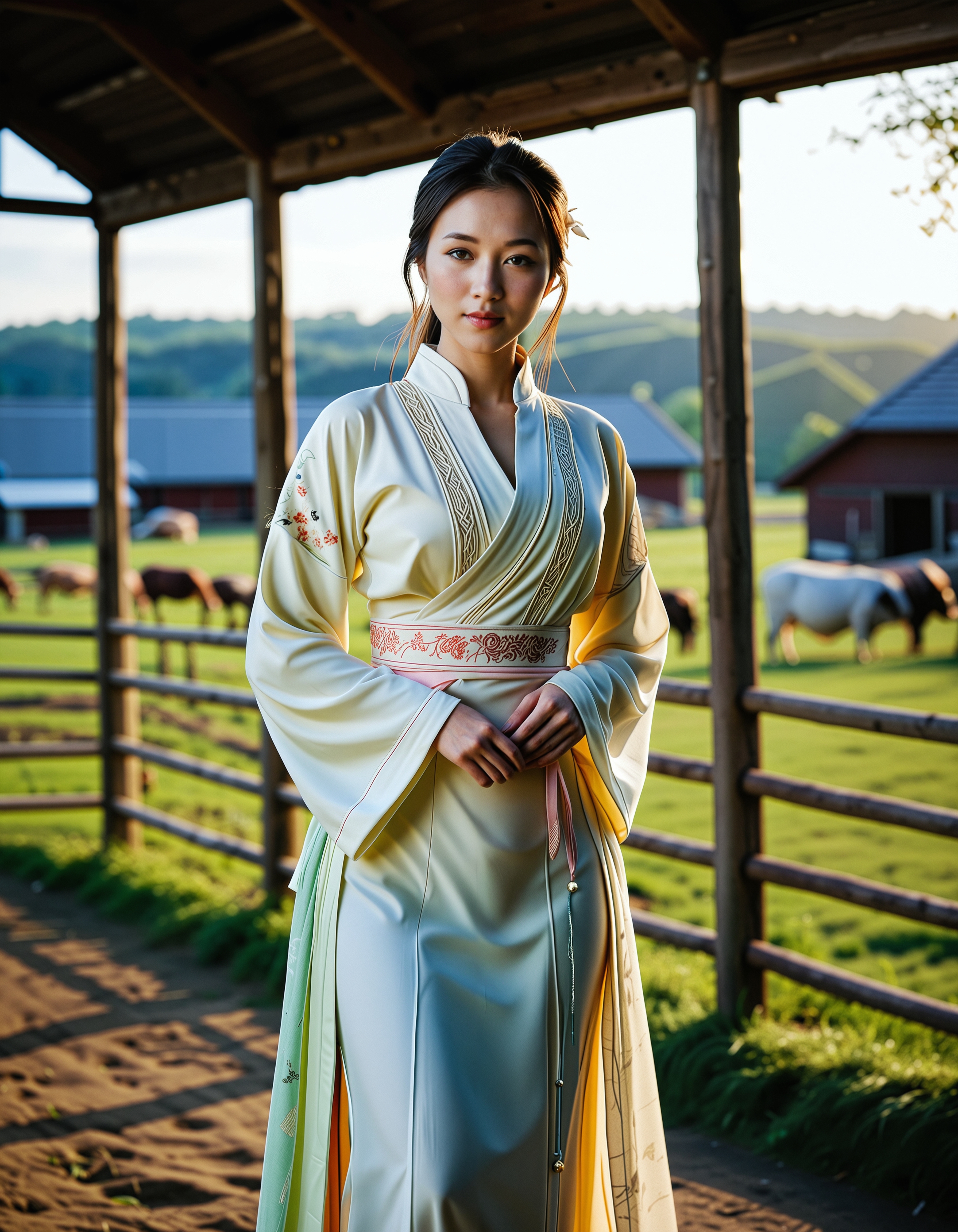 RAW full body analogue photo of a beautiful 25 years old Asian woman, clear focus, high resolution image, <lora:Ai_Lotus:0.75>, Wearing traditional chinese clothes,low light, soft natural light, Rembrandt style light, Hasselblad DLSR camera, 200mm Zeiss lens, f/2.8, ,Sexy pose, erotic pose, exhibitionism, ,((A peaceful farm with barns and grazing animals))