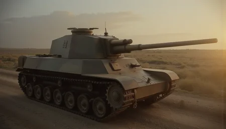 Realistic depiction of the battlefield, Masterpiece, Top quality, World War II (1.5), Harsh battlefield atmosphere (1.4), Gunpowder, Exquisite weapons (1.0), Atmospheric lighting (1.1), Cinematic composition (1.2), Historical accuracy (1.4), Angel's ladder, <lora:type4:1>type4,1 tank,from side,