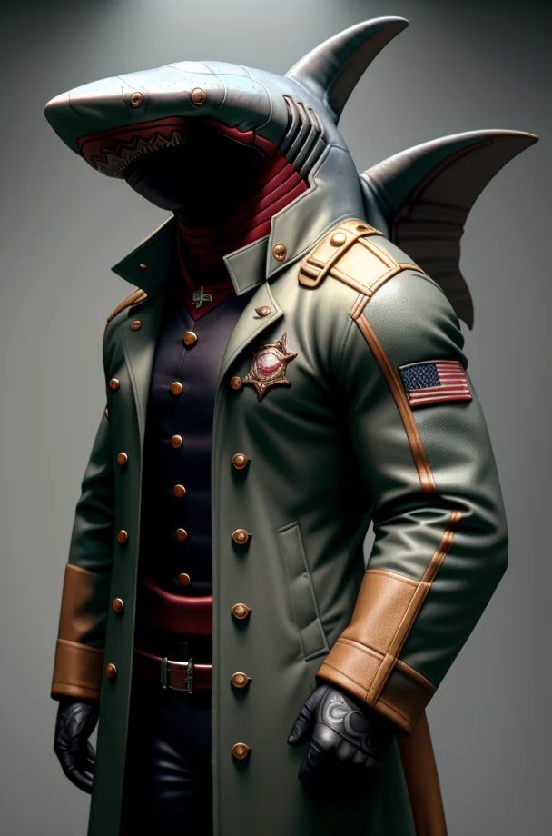 RAW photo, humanoid, a upper body photo of [man:shark:2] a male wereshark shark standing,solo, military_uniform, combat suit, trench_coat, Normandy landing , gray skin, shark skin, scales, full-body shot, female, <lora:7_wereanimal_1v5_768_0001BD5e_NR128NA128off-000002:0.6>, , 2  shark hands, best quality ,masterpiece, illustration, an extremely delicate and beautiful, extremely detailed ,CG ,unity ,8k wallpaper, Amazing, finely detail, masterpiece,best quality,official art,extremely detailed CG unity 8k wallpaper,absurdres, incredibly absurdres, huge filesize , ultra-detailed, highres, extremely detailed, beautiful detailed  wereshark shark, military_uniform,trench_coat, combat suit,male,