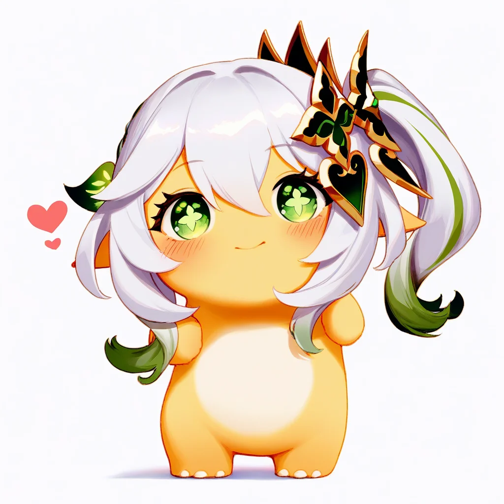 (nailong), pokemon \(creature\), no humans,yellow skin,
nahida \(genshin impact\),cross-shaped pupils,side ponytail,
heart,
simple background, white background,
best quality, masterpiece,
<lora:nailong_noob_ep50_v1-000010:1> <lora:outline_xl_kohaku_delta_spv5x:-2>