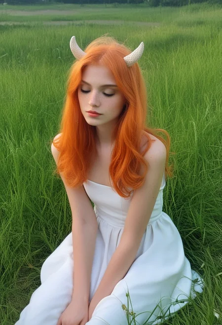 score_9, score_8_up, score_7_up, score_6_up, photo, grainy, amateur, lowres, 2000s nostalgia, webcam photo, flash, rsgrl, russian girl, cute russian girl, 1girl, solo, horns, dress, closed eyes, orange hair, sitting, long hair, white dress, curly hair, animal ears, grass, freckles,
