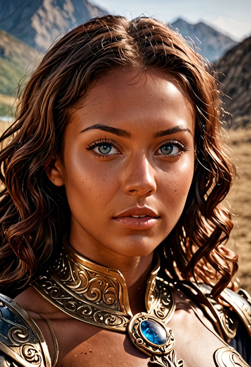 score_9, score_8_up, score_7_up, (three quarter view, 8k uhd, masterpiece, best quality, high quality, absurdres, ultra-detailed, highly detailed), (brown skin:1.3), blue eyes, very extra curly long hair, upper body, (huge boobs;1.5), dark armor, mountain scenery, (face, close-up), looking at viewer, eye catching