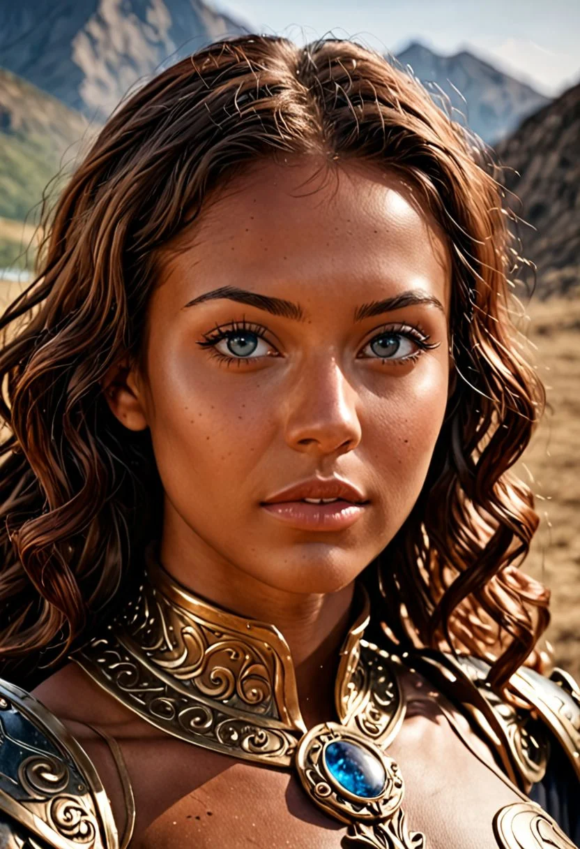 score_9, score_8_up, score_7_up, (three quarter view, 8k uhd, masterpiece, best quality, high quality, absurdres, ultra-detailed, highly detailed), (brown skin:1.3), blue eyes, very extra curly long hair, upper body, (huge boobs;1.5), dark armor, mountain scenery, (face, close-up), looking at viewer, eye catching