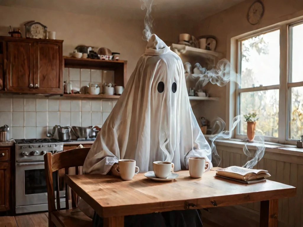 score_9, score_8_up, score_7_up,manga, comic, funny, cute, smile, white ghost,photorealistic, realistic, arms, in an old manor, morning, flying, tail, 1 ghost, indoors, drinking coffee, sit, table, in kitchen, funny hat, tired, depressed, white smoke <lora:white_ghost:1>