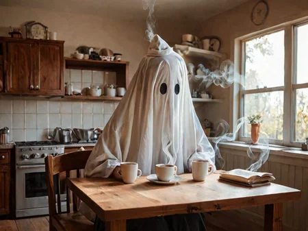 score_9, score_8_up, score_7_up,manga, comic, funny, cute, smile, white ghost,photorealistic, realistic, arms, in an old manor, morning, flying, tail, 1 ghost, indoors, drinking coffee, sit, table, in kitchen, funny hat, tired, depressed, white smoke <lora:white_ghost:1>