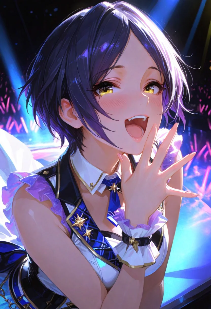 1girl, hayami kanade (idolmaster), purple hair, short hair, yellow eyes, idol costume, happy expression, blush, shouting, dynamic pose, looking at viewer, 
BREAK ,
raytracing, volumetric lighting, ambient occlusion, colorful background,
BREAK
masterpiece, best quality, hyper-realistic, ultra-HD, luminous lighting, cinematic ambiance, seductive atmosphere, captivating sensuality, Cinematic Lighting,
