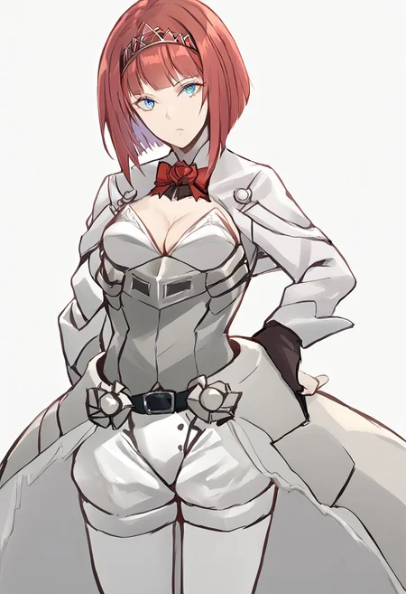 score_9, score_8_up, score_7_up, score_6_up, score_5_up, score_4_up, source_anime, 1girl,
arkroyal, Ark Royal has short red hair in a bob cut with blunt bangs and wears a tiara-like hairband. She has blue, tsurime-style eyes. She wears a white corset that forms an overskirt with a white jacket tied on with a red ribbon only covering the shoulders and the length of the arms, creating a cleavage cutout. On her hands, she wears brown fingerless gloves. She also wears white shorts and white pantyhose. Her rigging involves an overskirt-like armored shell attached at her hips, which has a ship's bridge on her back, and small twin-cannon AA turrets at the sides. She carries a quiver to the right of her hip, and wields a composite bow with a distinct flight deck motif in her left hand. She also wears armored platform shoes with a keel-like heel.
masterpiece, best quality, very aesthetic, absurdres,