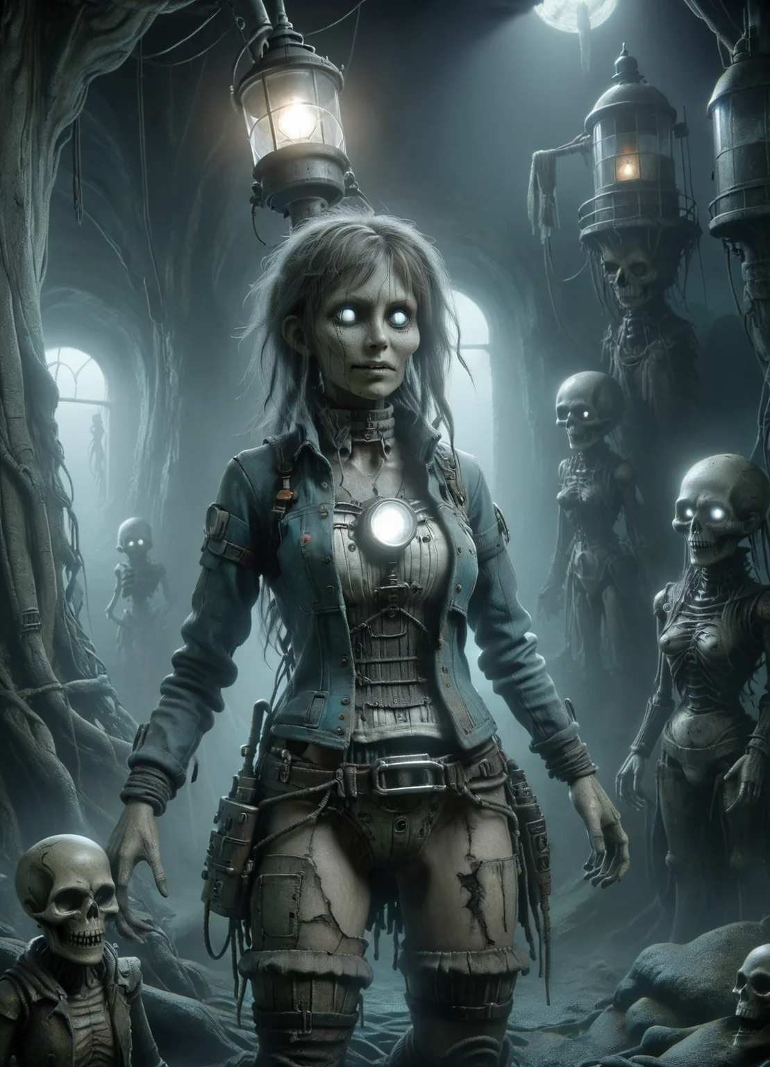 DonMV00d00XL homunculus, female lighthouse keeper, techno ronin,, relic <lora:DonMV00d00XL:0.9>