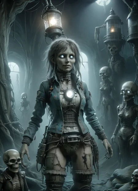 DonMV00d00XL homunculus, female lighthouse keeper, techno ronin,, relic <lora:DonMV00d00XL:0.9>