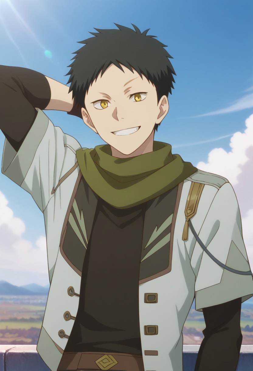 score_9, score_8_up, score_7_up, source_anime, highly detailed, 
obi_sw, 1boy, solo, male focus, black hair, yellow eyes, scarf, green scarf, upper body, jacket, arm behind head, open jacket, open clothes,  shirt, black shirt, smile, grin,
outdoor, sky, cloud, sit