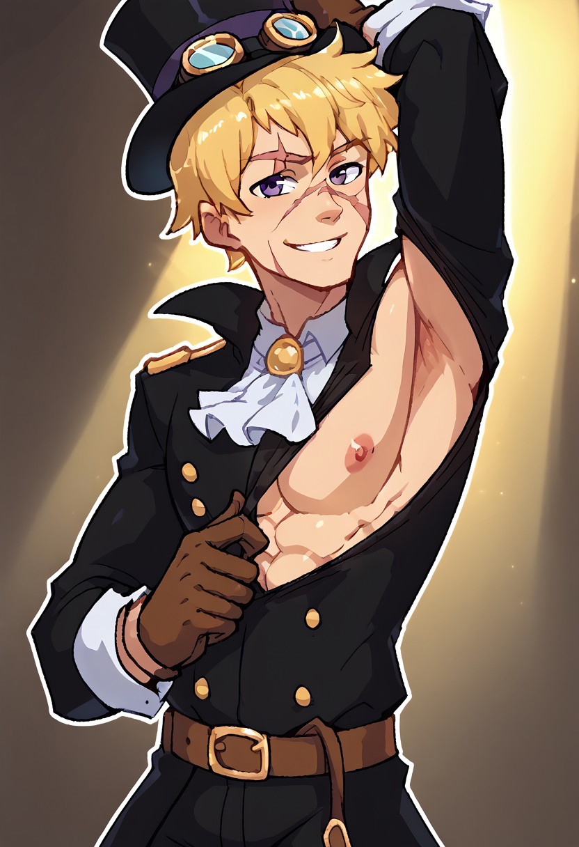 score_9, score_8_up, score_7_up, source_anime, <break> upper body, male, SABO, male focus, 1boy, blonde hair, solo, smile, looking at you, sideboobpeek, one breast out, presenting armpit, clothes pull, pulled by self, gloves, ascot, scar, pants, hat, goggles, coat, belt, goggles on headwear, short hair, top hat, shirt, scar on face, brown gloves, black headwear, open clothes,sideboobpeek, one pec out, arm up, presenting armpit, clothes pull, pulled by self, boots, open coat, white ascot, black coat, long sleeves, nipples, spotlight
<segment:yolo-face_yolov8m.pt,0.4,0.5//cid=1>
thick outline, black outline,