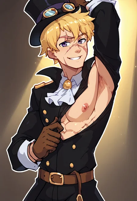 score_9, score_8_up, score_7_up, source_anime, <break> upper body, male, SABO, male focus, 1boy, blonde hair, solo, smile, looking at you, sideboobpeek, one breast out, presenting armpit, clothes pull, pulled by self, gloves, ascot, scar, pants, hat, goggles, coat, belt, goggles on headwear, short hair, top hat, shirt, scar on face, brown gloves, black headwear, open clothes,sideboobpeek, one pec out, arm up, presenting armpit, clothes pull, pulled by self, boots, open coat, white ascot, black coat, long sleeves, nipples, spotlight
<segment:yolo-face_yolov8m.pt,0.4,0.5//cid=1>
thick outline, black outline,