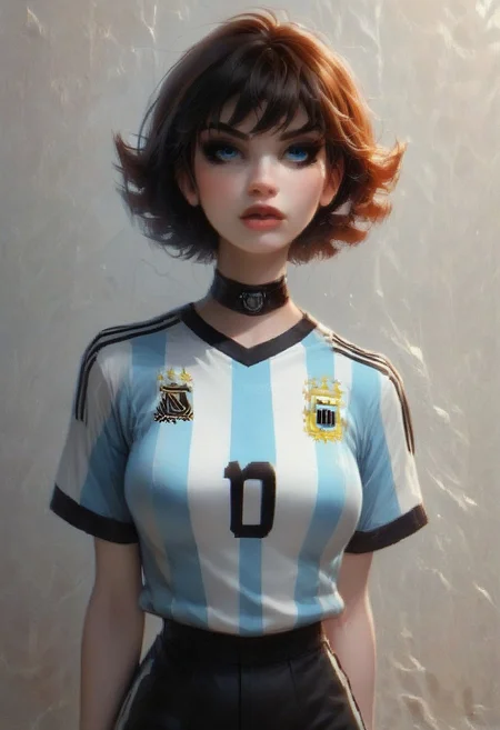 score_9, score_8_up, score_7_up, RAW, photo, realistic, BREAK Janet Van Dyne, 1girl, short hair, blue eyes, brown hair, makeup, choker, medium breasts, argentina soccer uniform, black shorts,