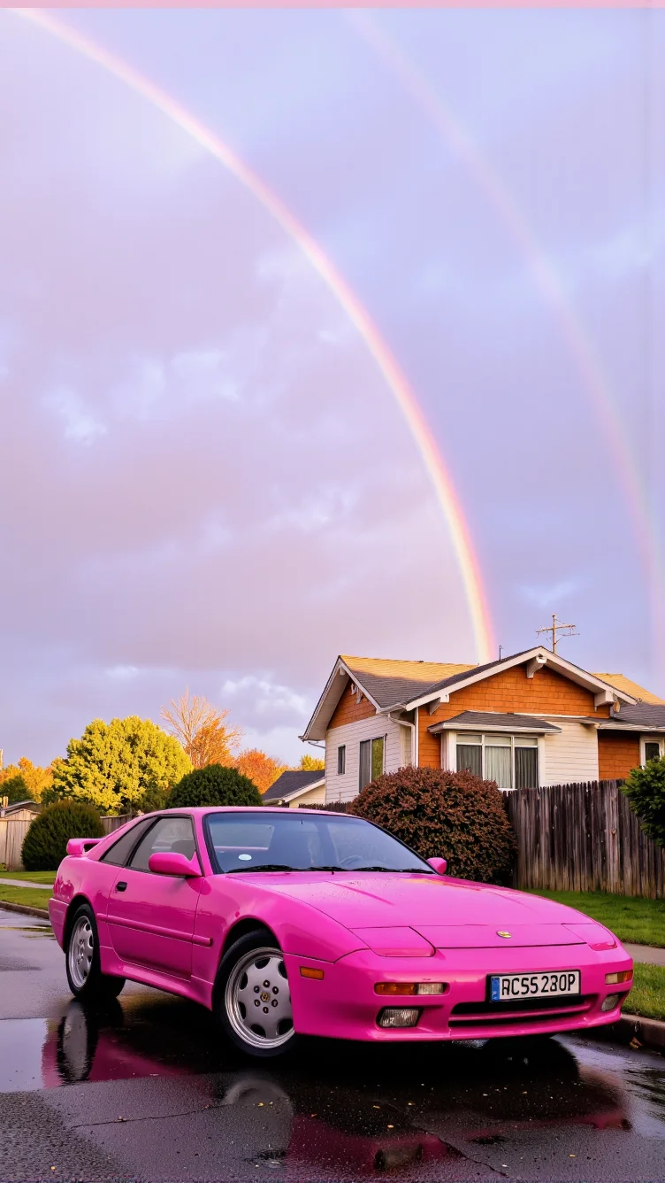 a pink car parked on the side of a road with a rainbow in the background and a house in the foreground, Beeple, aesthetic, a screenshot, aestheticism
<lora:Defluxion II:1>âââ