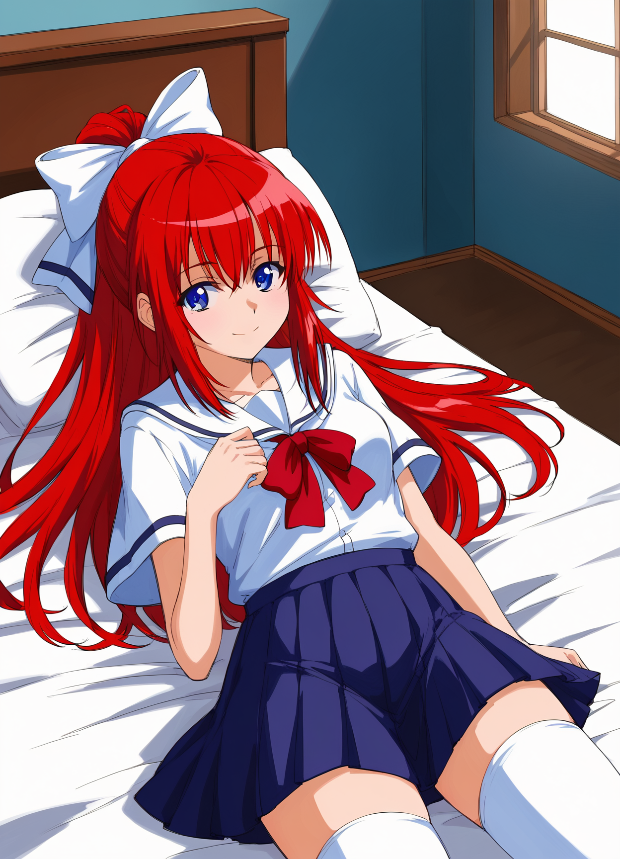 score_9, score_8_up, score_7_up, masterpiece, best quality, absurdres, official art, official style, anime screencap, megami magazine, zPDXL2, zPDXLxxx, <lora:Shiratori Mikoto (In'youchuu Chiroku ver) Pony v1_epoch_10:0.7>, 1girl, solo focus, shiratori_mikoto, large breasts, BREAK, (blue eyes:1.1), BREAK, red hair, long hair, ponytail, sidelocks, bangs, BREAK, hair ribbon, white ribbon with blueline, BREAK, school uniform, capelet, white jacket with black sideline, BREAK, red ribbon, BREAK, white skirt with black lining, pleated skirt, sawtooth hem, BREAK, (white thighhighs:1.2), BREAK, <lora:neg4all_bdsqlsz_xl_V91:1.0> <lora:ALTXL_pony_0061_8:2.0>, <lora:detailed_hands-000002:1>, hand bedroom, on bed, bed sheet, morning, dim lighting, light particles, on stomach, from above open eyes, smile, looking at viewer,