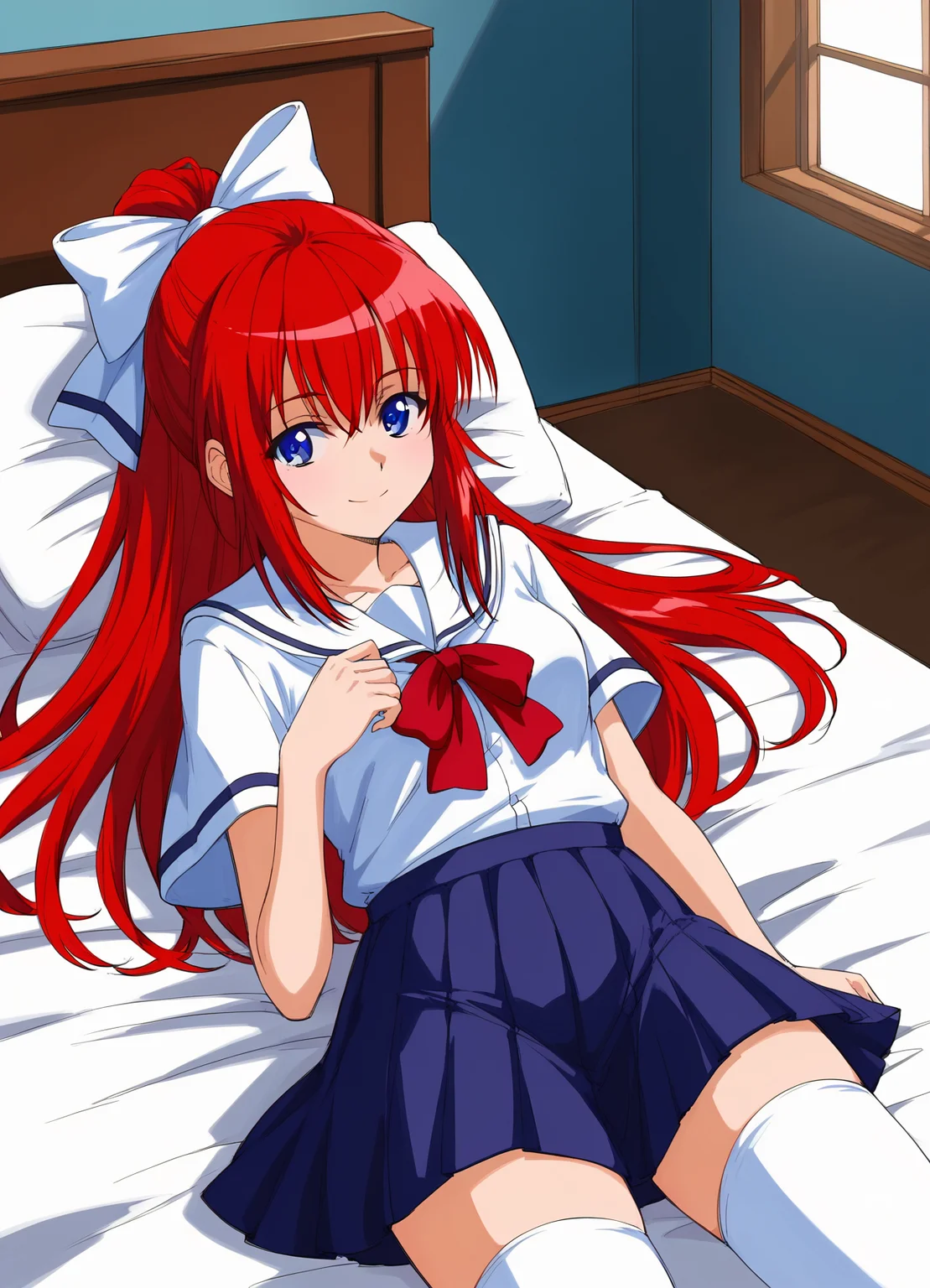score_9, score_8_up, score_7_up, masterpiece, best quality, absurdres, official art, official style, anime screencap, megami magazine, zPDXL2, zPDXLxxx, <lora:Shiratori Mikoto (In'youchuu Chiroku ver) Pony v1_epoch_10:0.7>, 1girl, solo focus, shiratori_mikoto, large breasts, BREAK, (blue eyes:1.1), BREAK, red hair, long hair, ponytail, sidelocks, bangs, BREAK, hair ribbon, white ribbon with blueline, BREAK, school uniform, capelet, white jacket with black sideline, BREAK, red ribbon, BREAK, white skirt with black lining, pleated skirt, sawtooth hem, BREAK, (white thighhighs:1.2), BREAK, <lora:neg4all_bdsqlsz_xl_V91:1.0> <lora:ALTXL_pony_0061_8:2.0>, <lora:detailed_hands-000002:1>, hand bedroom, on bed, bed sheet, morning, dim lighting, light particles, on stomach, from above open eyes, smile, looking at viewer,