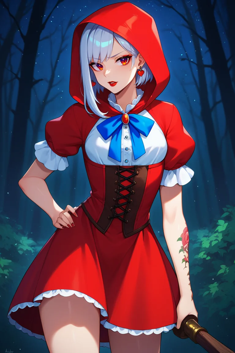 score_9, score_8_up, score_7_up, BREAK, 1girl, solo, <lora:asheow-guy-PONYv1:.9>, asheow, makeup, lipstick, tattoo, jewelry, earrings, red hood, little red riding hood \(grimm\) \(cosplay\), blue ribbon, short sleeves, puffy dress, forest, night, night sky,