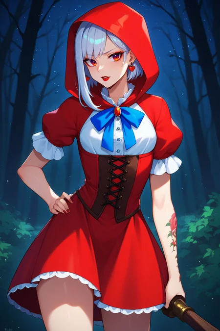 score_9, score_8_up, score_7_up, BREAK, 1girl, solo, <lora:asheow-guy-PONYv1:.9>, asheow, makeup, lipstick, tattoo, jewelry, earrings, red hood, little red riding hood \(grimm\) \(cosplay\), blue ribbon, short sleeves, puffy dress, forest, night, night sky,