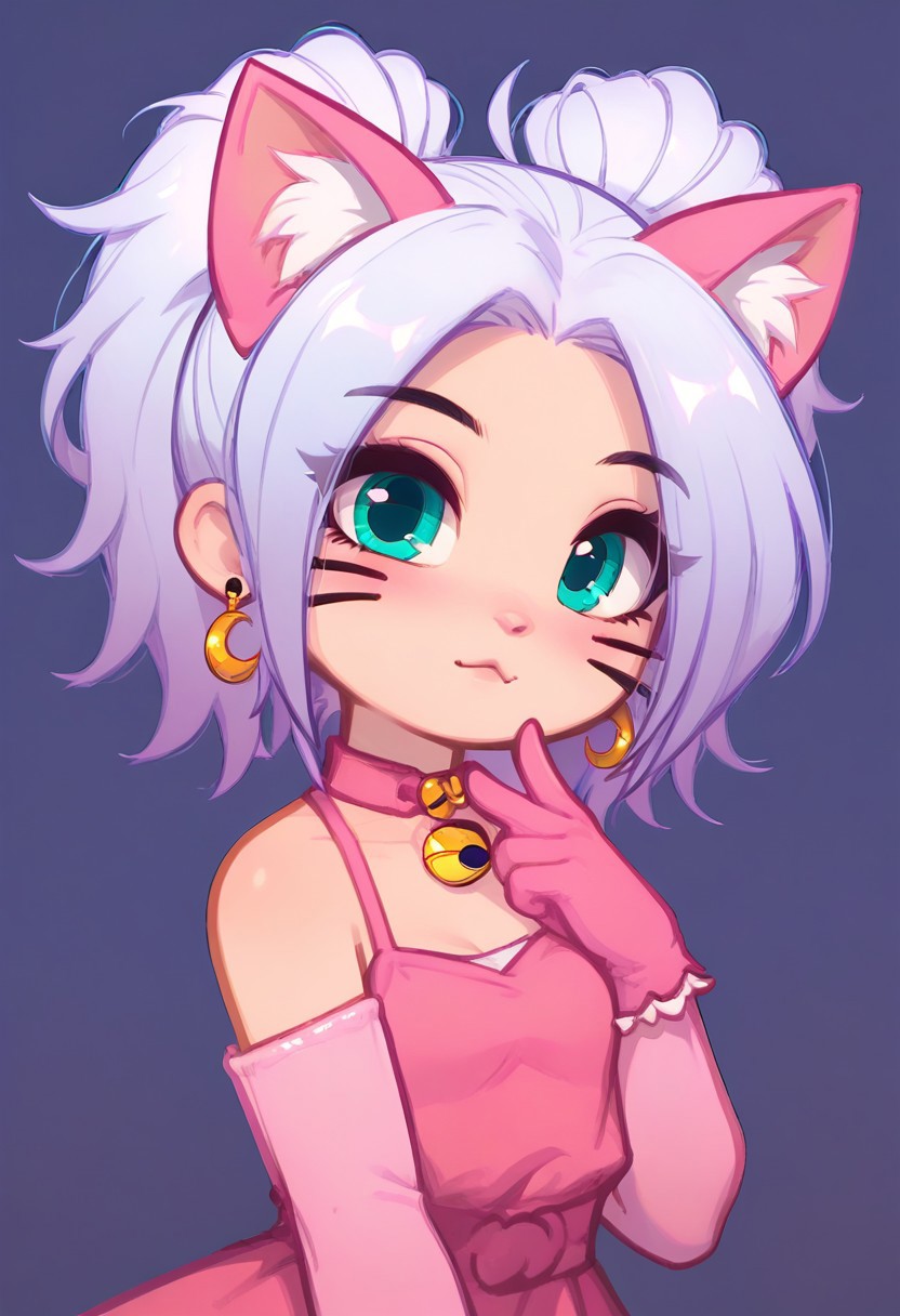 score_9, score_8_up, score_8,  Kislinka, GachaKislinka, Gacha, Pastel purple hair, white hair, turquoise eyes, cat's ears, crescent, earrings, facial mark, gloves, pink dress