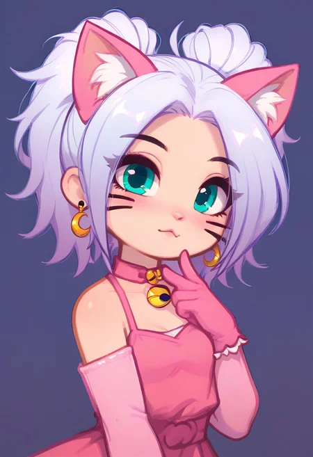 score_9, score_8_up, score_8,  Kislinka, GachaKislinka, Gacha, Pastel purple hair, white hair, turquoise eyes, cat's ears, crescent, earrings, facial mark, gloves, pink dress