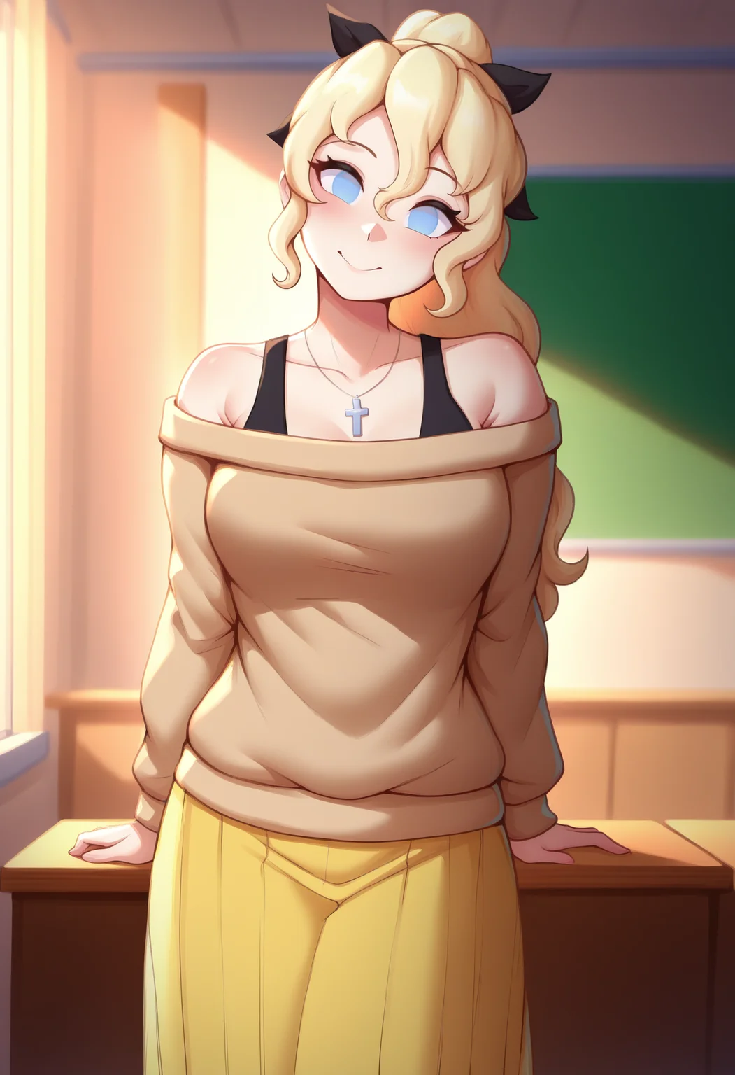 masterpiece, best quality, newest, absurdres, highres, 1girl, solo, <lora:NSLillyKatawa:1> NSLillyMisc, blue eyes, blind, no pupils, blonde hair, long hair, ponytail, black ribbon, hair ribbon, khaki sweater, off-shoulder sweater, bare shoulders, black bra strap, yellow skirt, cross necklace, indoors, classroom, smile, head tilt, blowing kiss