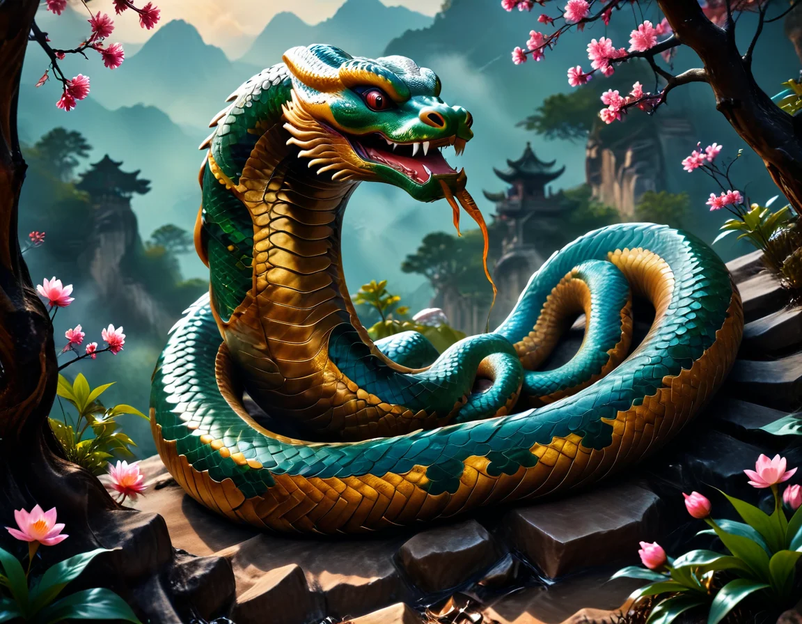 In the depths of an enchanted forest in China, a giant serpent, symbol of the Year of the Snake, emerges majestically. Its scales shimmer like jewels under the sun's rays, blending vibrant green and gold. The villagers, fascinated, gather to admire this mystical creature, believing it brings wisdom and prosperity. The serpent, guardian of ancient secrets, slowly winds around the mountains, leaving behind a trail of blooming flowers and promises of abundance. During the full moon, it will dance to the rhythm of drums, turning the night into a celebration of renewal and harmony, uniting everyone in tradition