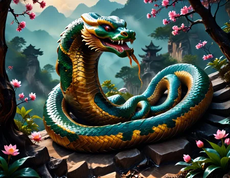 In the depths of an enchanted forest in China, a giant serpent, symbol of the Year of the Snake, emerges majestically. Its scales shimmer like jewels under the sun's rays, blending vibrant green and gold. The villagers, fascinated, gather to admire this mystical creature, believing it brings wisdom and prosperity. The serpent, guardian of ancient secrets, slowly winds around the mountains, leaving behind a trail of blooming flowers and promises of abundance. During the full moon, it will dance to the rhythm of drums, turning the night into a celebration of renewal and harmony, uniting everyone in tradition