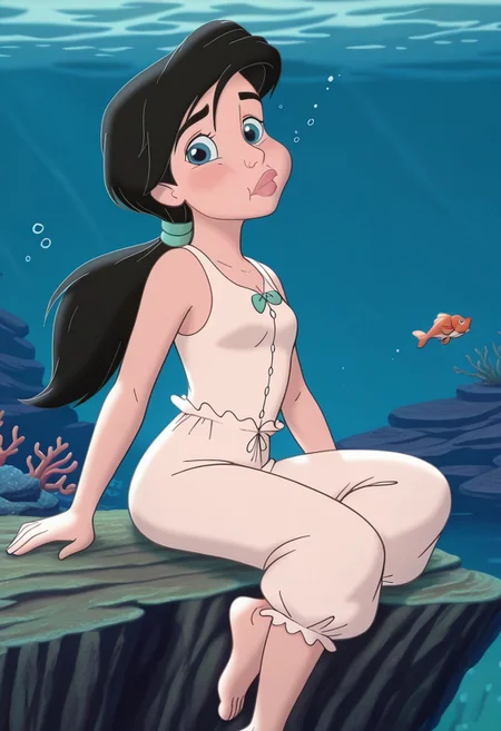 (screencap, official style:1.2), 1girl, small breasts, (MelodyXL:1.1), black hair, blue eyes, ponytail, ((puffy cheeks, pursed lips)), sleeveless, shirt, pants, white pajamas, barefoot, feet, light smile, underwater, air bubbles, reef, coral, (fishes), cute pose, looking at viewer, outdoors, sea, sitting, dynamic pose, cowboy shot, day, <lora:Melody_character-12:1>