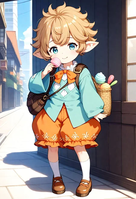 <lora:Hyper-SDXL-8steps-lora:1><lora:Fixhands_anime_bdsqlsz_V1:1>zPDXL2, score_9, score_8_up, score_7_up, source_anime, intricate details, perfect anatomy BREAK
1girl, solo, chibi, gbf-sierokarte, harvin, brown hair, short hair, green eyes, green shirt, long sleeves, orange puffy shorts, gbf-sierokarte outfit, white socks, brown shoes, bag, pocket watch, 
macaron, eating macaron, 
outdoors, city, tokyo, japan,
<lora:GBF-sierokarte_XL(pony)v10:1>