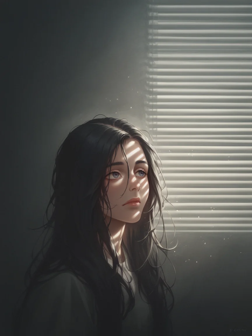 score_9, score_8_up, score_7_up, score_6_up, score_5_up, score_4_up, <lora:V3n3t14nXLP2:1> v3n3t14n, venetian blinds lighting, low light, dark room, lined lighting, long hair, 1girl, light particles, <lora:J0yc3L33XLP:0.7> j0yc3l33, closed mouth,