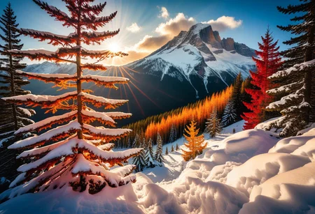 Breathtaking winter views, ultrarealistic, uhd, nostalgia, detailed landscape, captivating, a harmony of nostalgia and innovation, great lighting, Nature, vibrant autumn red and orange and yellow leaves, evergreens, fall, forests, ((snow)), golden sunshine, sun, god rays, light rays, sunlight, ((beautiful snow covered mountain trail)), double exposure, beautiful view, mysterious glow, beautiful clouds, depth of field, masterpiece, best quality, 8k, ultra-detailed, very aesthetic, illustration, superb composition, finest details, , intricate details, absurdres, high contrast, RAW, concept art, glowneon, glowing