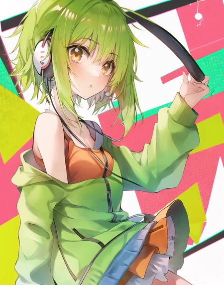 Gumi, solo, ((focus on face)), looking at viewer, white background <lora:Gumi_V1-01:0.6>, earphones,