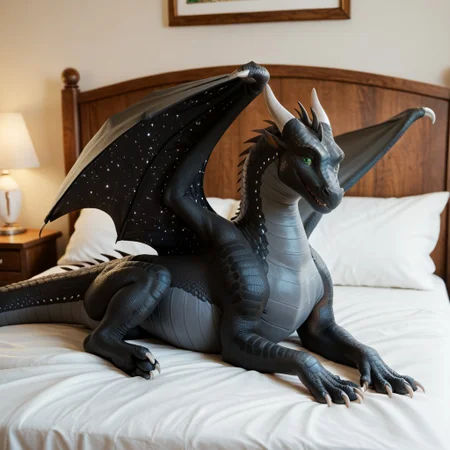 score_9, score_8_up, score_7_up, score_6_up, score_5_up, score_4_up, masterpiece, high quality, realistic, detailed, best quality, white bed, solo, rating_safe, source_furry, bedroom, smiling, happy, detailed eyes, detailed face, looking at viewer, lying on belly, Nightwing_wof, dragon, black scales, wings, tail, horns, claws, starry wings, 1boy, male, green eyes, gray underbelly, feral, spread wings