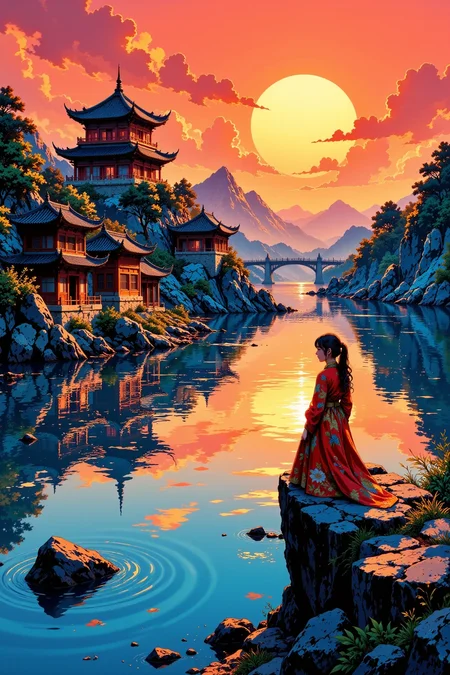 a city on the water beautiful landscape, sunset, woman, very intricate, very detailed, sharp, bright, colorful, <lora:Hand v2:0.5> <lora:Anti-Blur:1><lora:Insane Detail Slider:0.25>  <lora:flux.1_lora_flyway_Epic-detail_v2:0.3> <lora:fluxenhancer:0.25> <lora:ROWER:0.6> <lora:flux-charmer-v1-1:0.4><lora:Vibrantly_Sharp_style_v.5:0.4> <lora:realanime:0.7> <lora:Chinese_Ink:0.3> chinese ink style