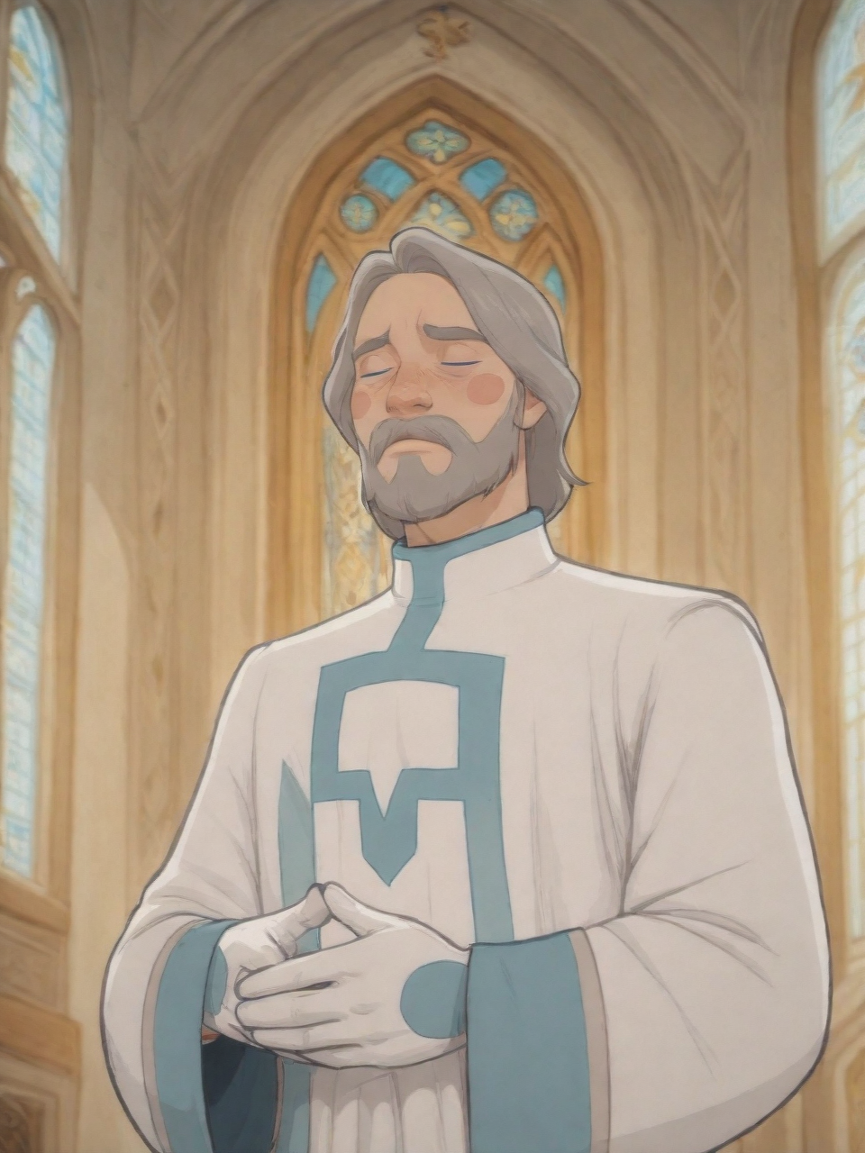 DukeOfSoleanna, 1boy, long elegant white robe, Dark boots, white gloves, blue eyes, gray hair, gray beard,solo,BSSPYCB,blush stickers,hands together,upper body,closed eyes,church,<lora:Duke of Soleanna:0.8>,<lora:PYCB:0.8>