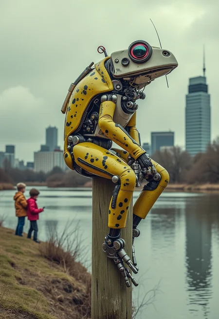 yfg-cehda Photorealistic rendering of a mechanical frog with vibrant yellow and black spotted patterns, sitting atop a wooden post against a backdrop of a modern city skyline, the frog's metallic joints and sleek design highlighted, with two children fishing by the water's edge, a cloudy sky above, and reflections on the water creating a juxtaposition of nature and technology in a serene urban setting,