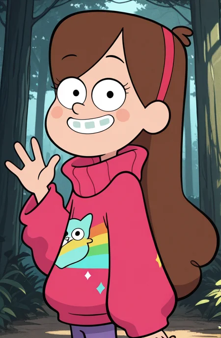 <lora:Mabel_Pines_Gravity_Falls:1> Mabel Pines, smiling, pink sweater, standing, looking at viewer, waving at viewer, side view, forest, outdoors