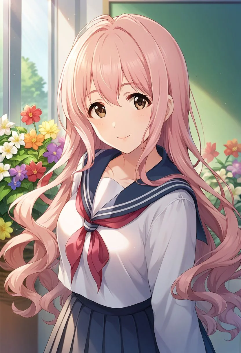 score_9, score_8_up, score_7_up,saionji kotoka, pink hair, brown eyes, 1girl, long hair, solo, school uniform, smile, serafuku, flower, looking at viewer