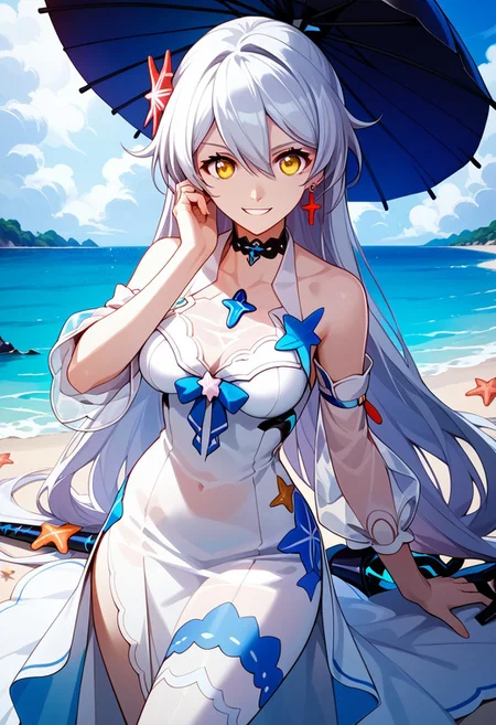 score_9,score_8_up,score_7_up,source_anime,Kiana Kaslana,1girl,solo,breasts,looking at viewer,smile,long sleeves,hair ornament,dress,jewelry,bare shoulders,very long hair,yellow eyes,weapon,earrings,choker,grin,see-through,umbrella,polearm,hand on own face,spear,hand on own cheek,see-through sleeves,shell hair ornament,starfish hair ornament,