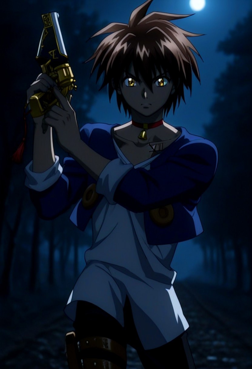 Anime, anime screencap, anime coloring, 1male only, male focus, solo male, one male only, single illustration only, handsome, cute, Train Heartnet, brown hair, gold eyes, red bell collar, XIII collarbone tattoo, blue cropped jacket, four gold circles, white untucked undershirt, v-neck outfit, rolled sleeves, black pants, leg gun holster, cowboy shot, head to hips shot, hun, holding gun, action pose, intense movement, fight stance, nighttime, moonlight, dramatic lighting