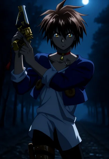 Anime, anime screencap, anime coloring, 1male only, male focus, solo male, one male only, single illustration only, handsome, cute, Train Heartnet, brown hair, gold eyes, red bell collar, XIII collarbone tattoo, blue cropped jacket, four gold circles, white untucked undershirt, v-neck outfit, rolled sleeves, black pants, leg gun holster, cowboy shot, head to hips shot, hun, holding gun, action pose, intense movement, fight stance, nighttime, moonlight, dramatic lighting