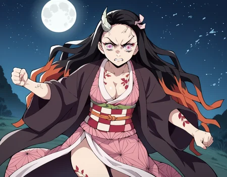 score_9, score_8_up, score_7_up, source_anime,
nezukokamado, <lora:nezuko-kamado-anime-ponyxl-lora-nochekaiser:1>,
nezuko kamado, black hair, forehead, hair ribbon, long hair, multicolored hair, pink eyes, orange hair, slit pupils, wavy hair, two-tone hair,
cleavage, japanese clothes, horns, kimono, sash, obi, demon girl, angry, single horn, veins, pink kimono, cracked skin, checkered sash, tattoo, thighs,
outdoors, night, landscape, moon, starry sky, fighting stance,
solo, dutch angle, looking at viewer, cowboy shot,
